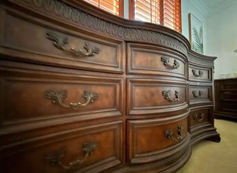 Drexel Heritage Burl Wood Bedroom Furniture Set - Armoire, Tall Chest, and Dresser