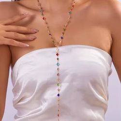 14k Gold Layered long chain necklace multicolored stones womens lady gift
