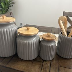 Gray ceramic canister set with utensil holder