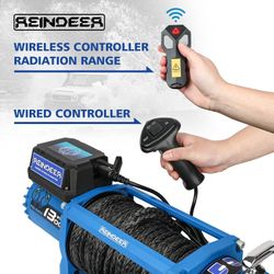 REINDEER 12V Electric Winch 13000lb Load Capacity Multi-Purpose Winch Heavy Duty with Synthetic Rope Hawse Fairlead Waterproof Wireless Handheld Remot