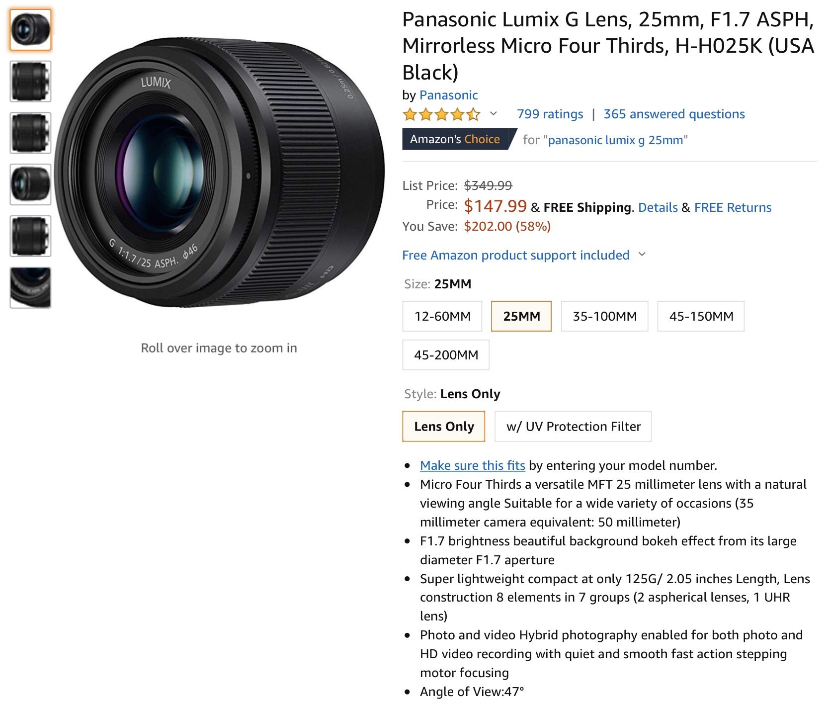 New Panasonic Lumix G Lens, 25mm, F1.7 ASPH, Mirrorless Micro Four Thirds, H-H025K (USA Black)