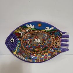Vintage Mexican Folk Art Red Clay Pottery Hand Painted Fish Plate Wall Hanging