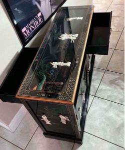 Vintage Oriental Black Lacquer Buffet Inlaid with Mother of Pearl With Glass Top-48”Lx17”Wx32”H 2 Available