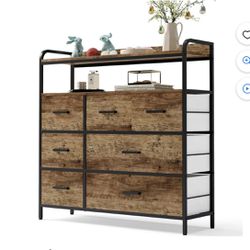 Linsy Home Fabric 7 Drawers Dressers for Bedroom, Chest of Drawers with Double Shelf, Storage Organizer for Closet,Rustic Brown