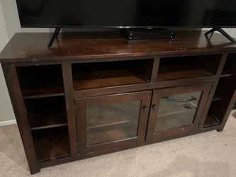 Dark Brown Wood TV Stand with Glass Doors