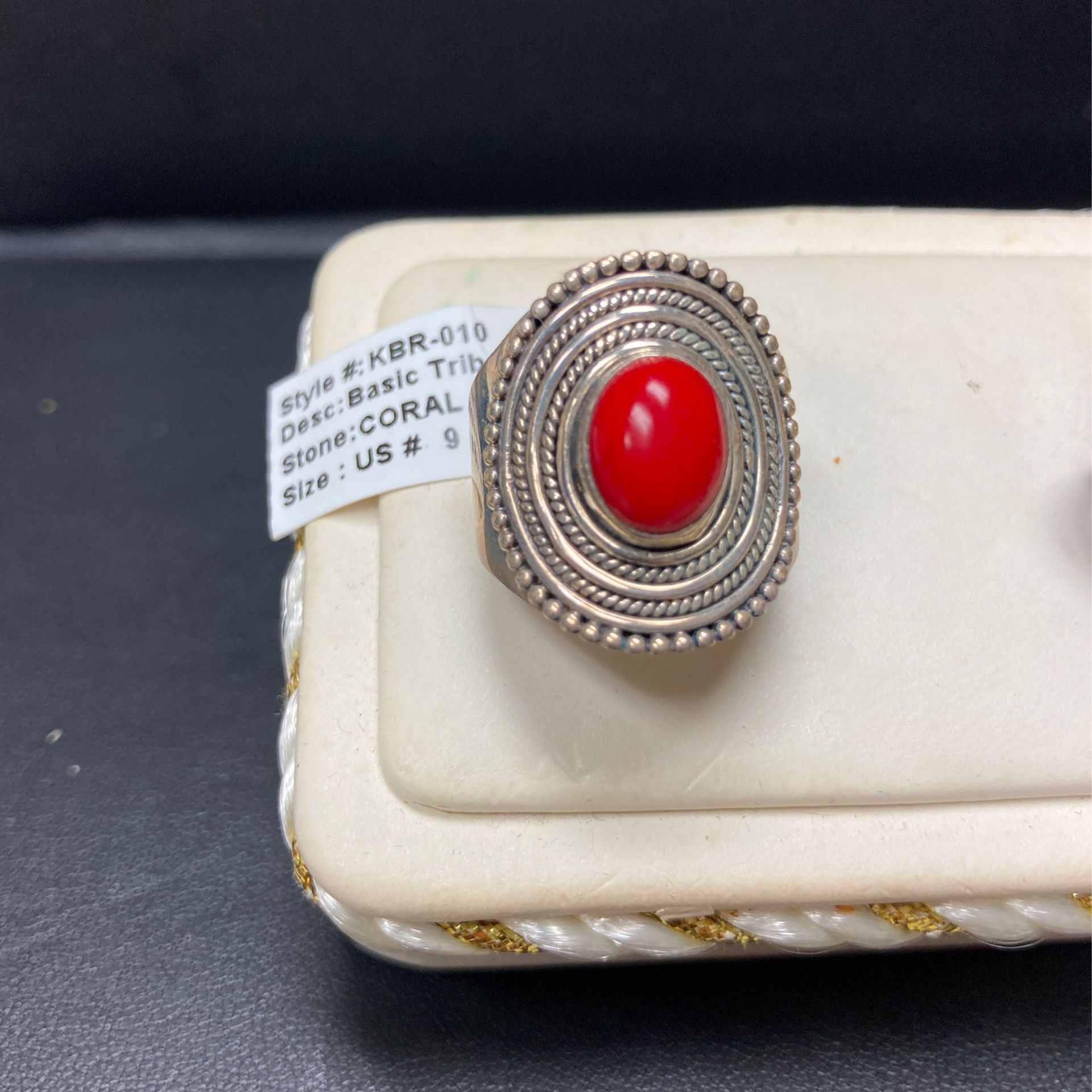 Tribal Ring Size #9 Coral Stone 925 Sterling Silver