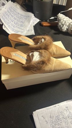 Vintage Manolo Blahnik Fur-Trim Suede Mule Heels