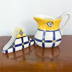 Blue & yellow Pitcher & Napkin Holder F.E. Faiancas