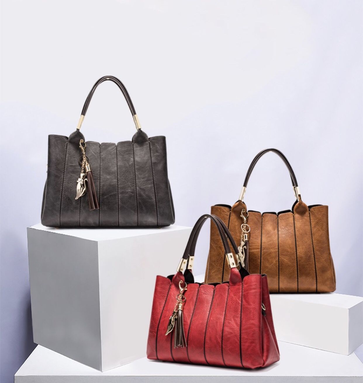Luxury Women Handbag Vintage brown Female Totes Shoulder Bag Messenger Bag Leather Top-HandBags with tassel.