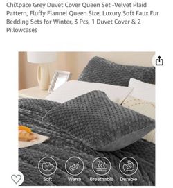 ChiXpace Grey Duvet Cover Queen Set -Velvet Plaid Pattern, Fluffy Flannel Queen Size, Luxury Soft Faux Fur Bedding Sets for Winter, 3 Pcs, 1 Duvet Cov