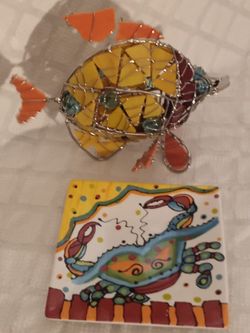 Stained Glass Type Wire Fish Votive Candle Holder and Dana ceramic Dish Crab Painting.