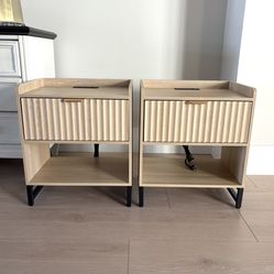 New Set of 2 Fluted Night Stand w/ Charging Station, Wood Nightstands with Large Drawer Nightstand