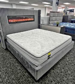 Gray color wood finish Queen bedframe with TV Lift & 3D fireplace