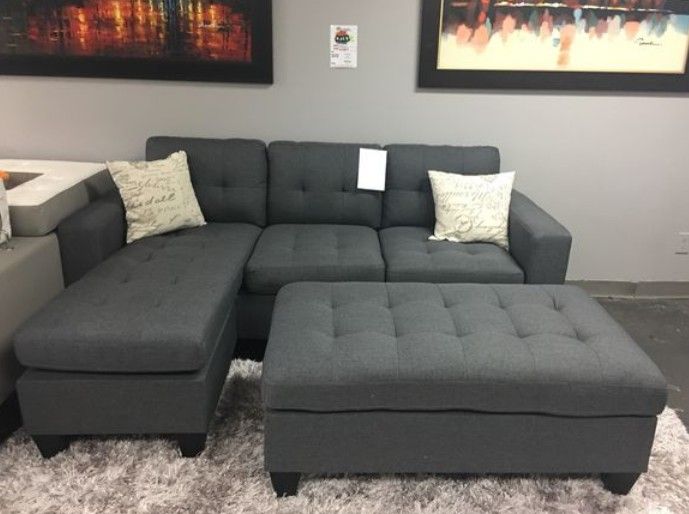 Brand New Grey Linen Sectional Sofa +Ottoman (New In Box)