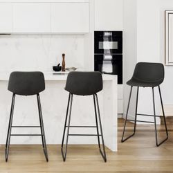 Bar Stools Set of 3, 30" ALX Faux Leather Barstools. Black