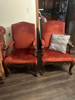 Pair of Solid Wood Carved Accent Chairs - Upholstered