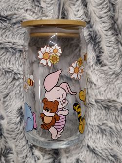 Winnie-the-Pooh 16oz Libbey Cup / Glass Can with Lid and Straw