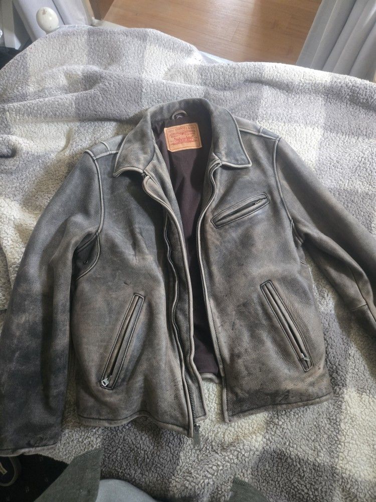 Levi Strauss Vintage Distressed Brown Black Genuine Leather Bomber Jacket L