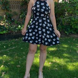 French Kiss Black and White Halter floral Sundress