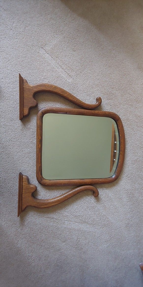 Antique Oak Beveled Dresser Mirror W/ Swivel Tilt