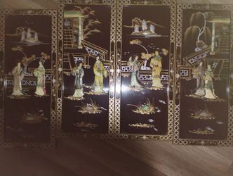 4 Vintage ASIAN Black Laquare Mother Of Pearl Wall Panels Art Asian Geisha Women 