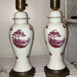 Antique Hall Transferware Torchiere Lamps, River, Trees & Mountains, Purple, 16” Base, Great Condition 