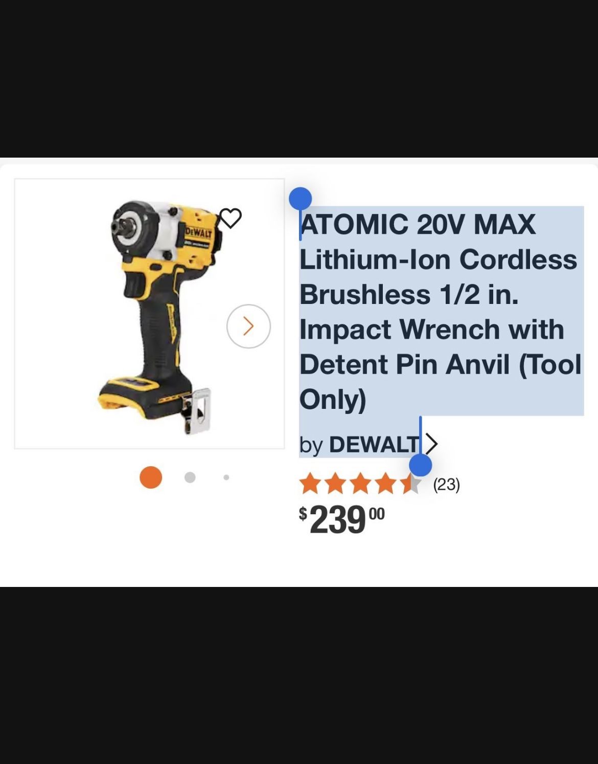ATOMIC 20V MAX Lithium-lon Cordless Brushless 1/2 in. Impact Wrench with Detent Pin Anvil (Tool Only) by DEWALT