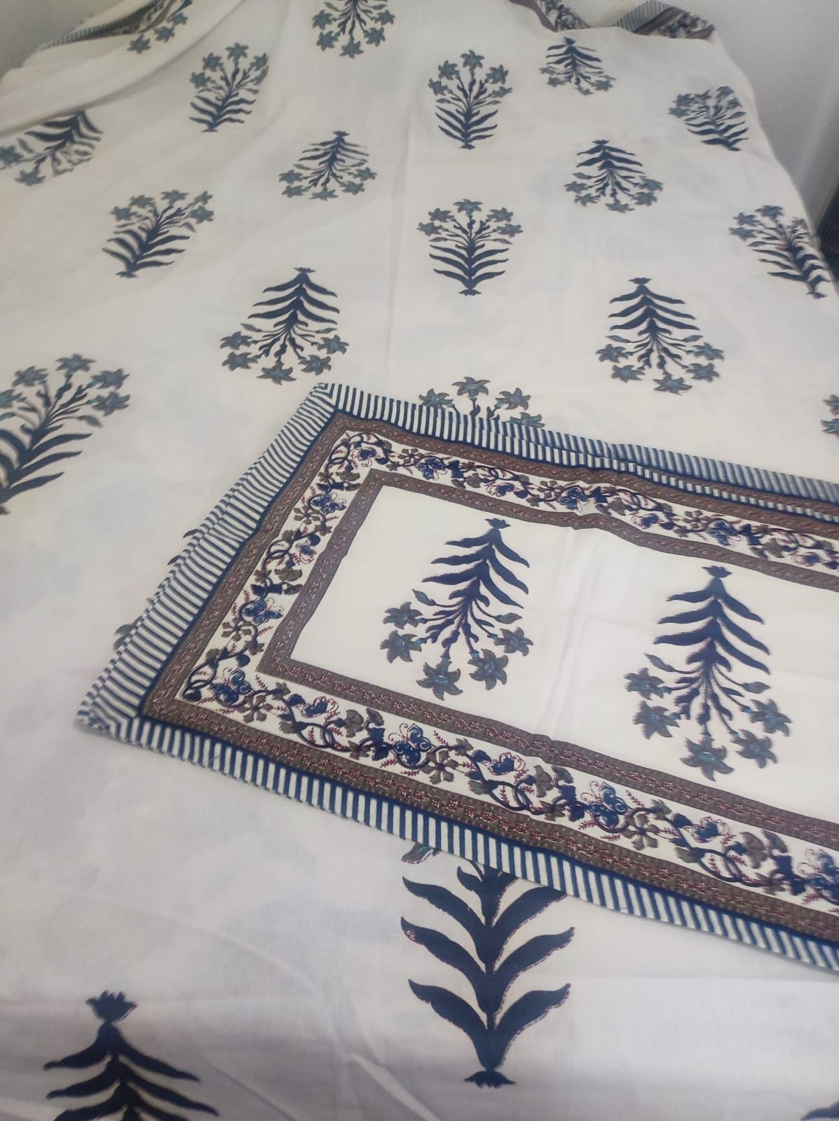 Brand New Block Print White & Blue Bedsheet For Sale
