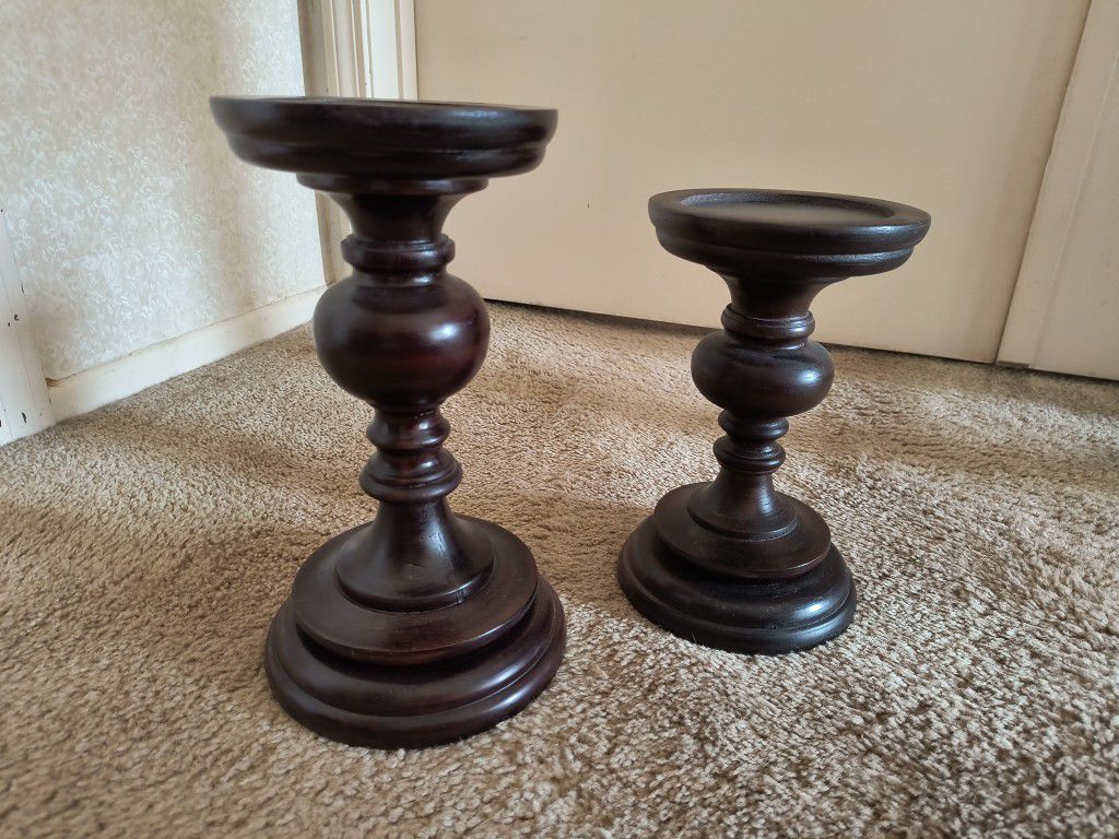 2 Wood Candle Pillar Holders Stands