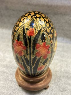 Vintage Hand Painted Wood Lacquered Floral Egg With Wooden Stand