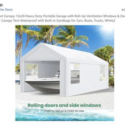 COBIZI Carport Canopy 12x20 Heavy Duty Portable Garage with Roll-Up Ventilation Windows & Doors, Removable Sidewalls Car Canopy Tent Waterproof with B