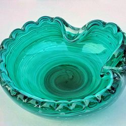 McM murano controlled bubble TEAL GREEN 4.75" ashtray mid century Venetian ART glass