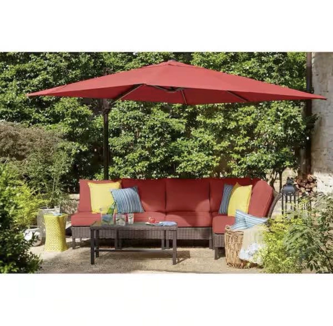 hampton bay patio umbrella chili red 11 ft. LED Offset Outdoor With Base in Sunbrella Henna (YJAF-052L-C) Home For the chic outdoor oasis. 11 ft. Cantilever Solar LED