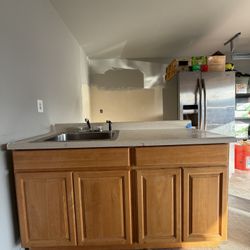 60" Oak Sink Base Cabinet With Countertop, Single Bowl Sink+Faucet