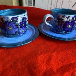 Set Of 2 Hand Painted Blue Greek Ceramic Cup & Plate Set Imported From Greece 