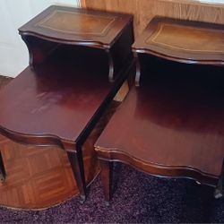 1960s Vintage Mid-Century Two-Tier Side Tables Leather Inlay 

