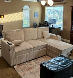 Beige Sectional Sleeper Sofa with Storage, Cup Holders & USB Charging