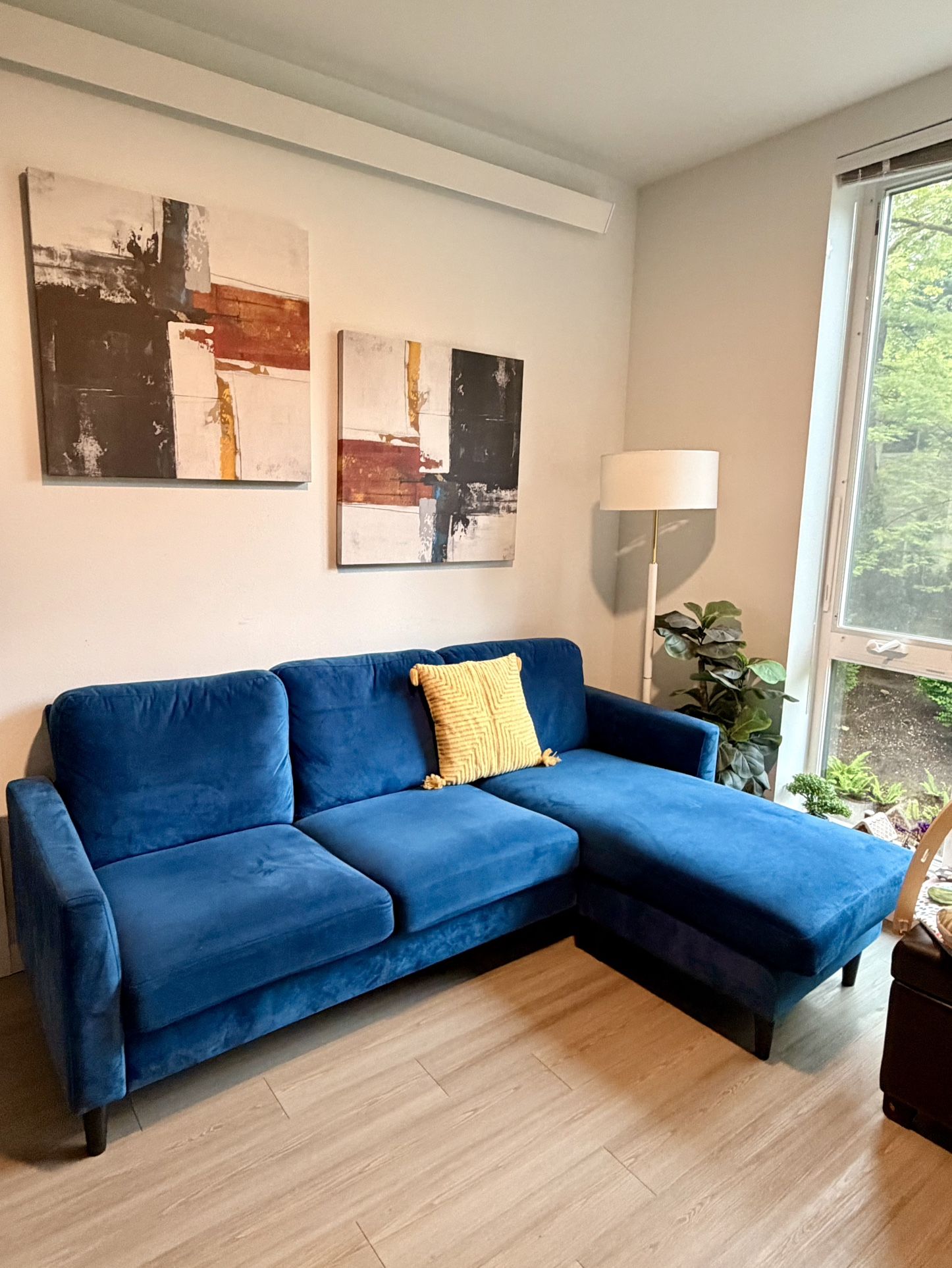 Modern Blue Velvet Sectional Sofa with Chaise – Excellent Condition