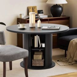 NEW Wayfair 47 Inch Round Dining Table With 2-layer Storage Shelf And Wood Slide Door