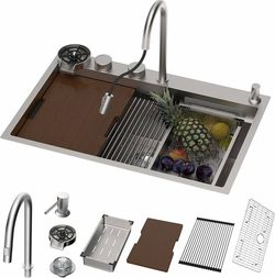 33 Inch Waterfall Kitchen Sink Drop In Workstation Sinks with Faucet Combo 33x22x10 Single Bowl, 16Gauge 304 Stainless Steel, Smart Multifunctional, f