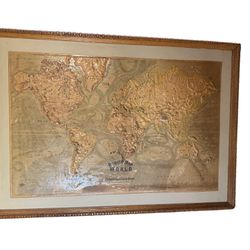 Antique Central School Supply World Relief Map Oak Frame