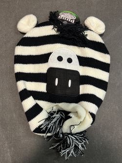 Pugs Zebra Striped Novelty Knit Hat Pom Ears NWT