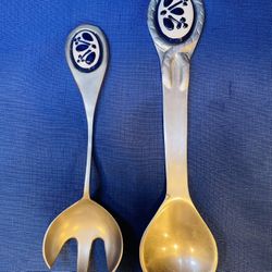 Vintage Lovely Aluminum Serving Spoon And Fork Set With Ceramic Talavera Accents 