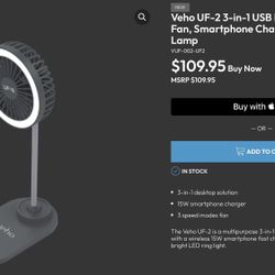 Veho UF-2 USB 3-in-1 Desktop Fan, Smartphone Charger & LED Lamp, BNIB