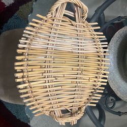MCM Wicker Handle Serving Tray Oval Rustic BOHO Woven Bamboo 15" X 18" EUC