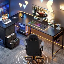 L Shaped Gaming Desk with 4 Drawers, 61" Reversible Home Office Desks with Power Outlets, L Shaped Computer Desk with USB 