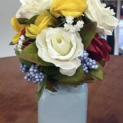 Blue Chalk Painted Mason Jar centerpiece home decor - Red White Yellow Roses