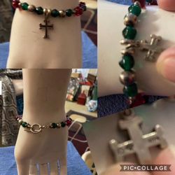 Vintage Gemstone Bracelet w/ Sterling Silver Stamped Cross Dangle Charm   Toggle Closure  Needs Cleaning   $15