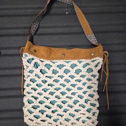 Lucky Brand Macrame Fabric Suede Leather Shoulder Hobo Bag