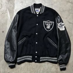 Vintage 90’s NFL Los Angeles Raiders Leather Sleeve DeLong Varsity Jacket 2XL